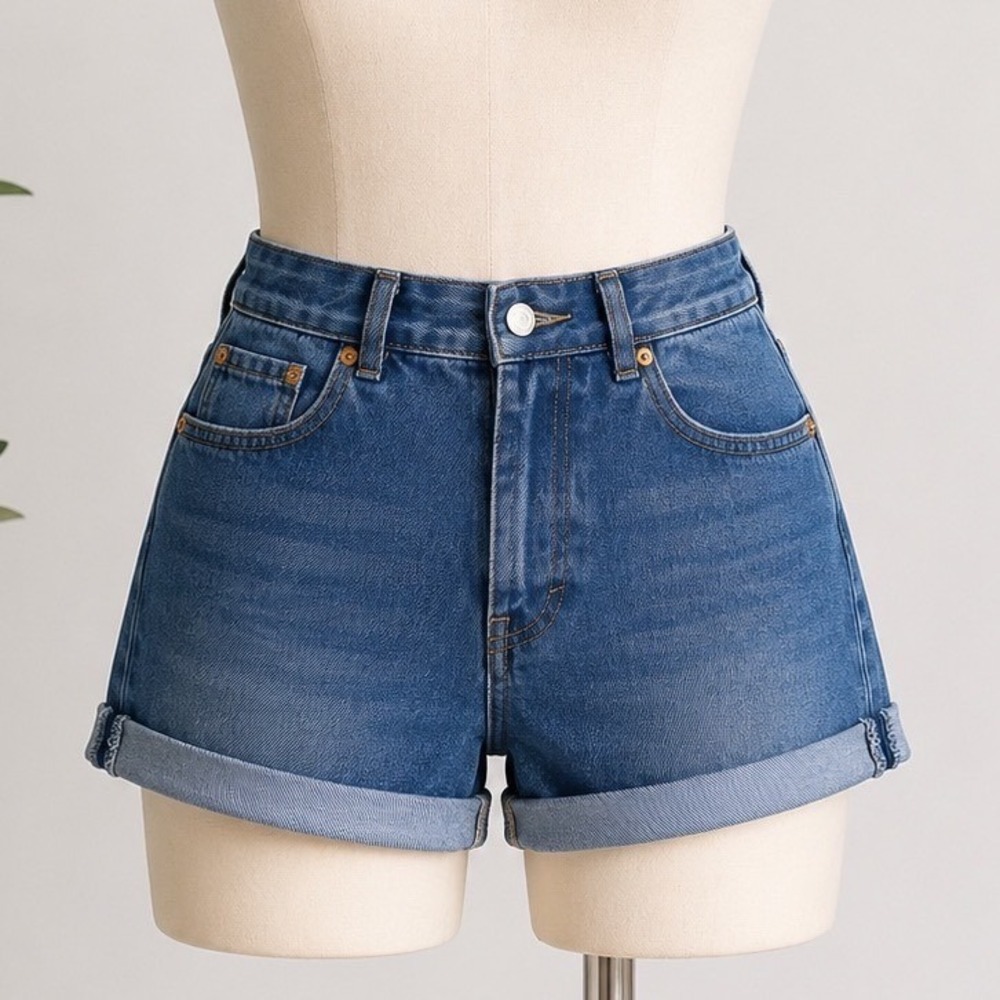 Pull&Bear Mom Jeans Mid Rise Denim Shorts Cuffed 90's Y2K Button Fly EUR 34 US 2